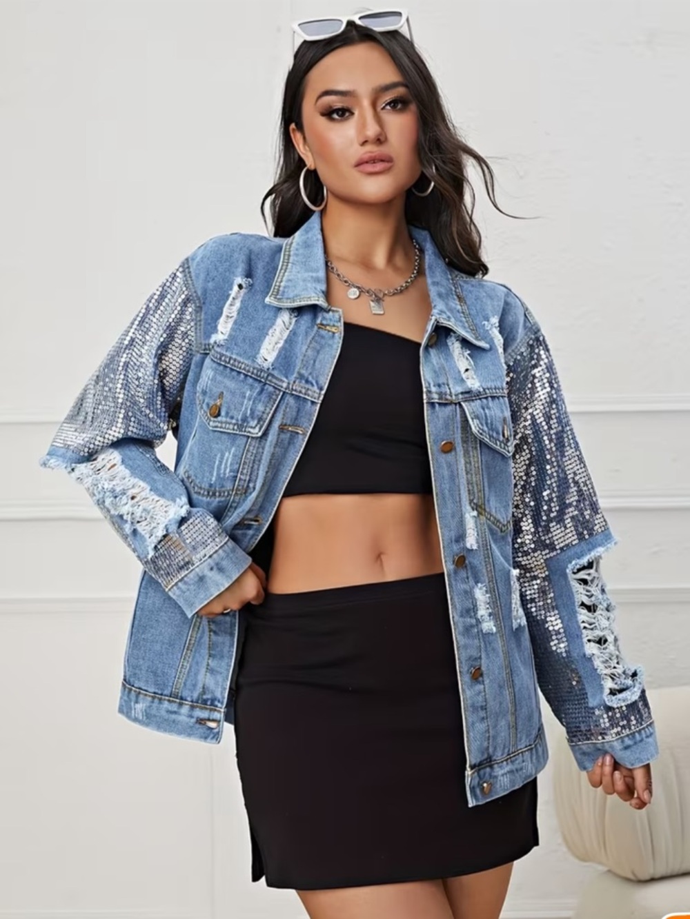 Blue Distressed Sequin Sleeve Denim Jacket Trendy Women's Spring Fashion Coat - Picture 5 of 6